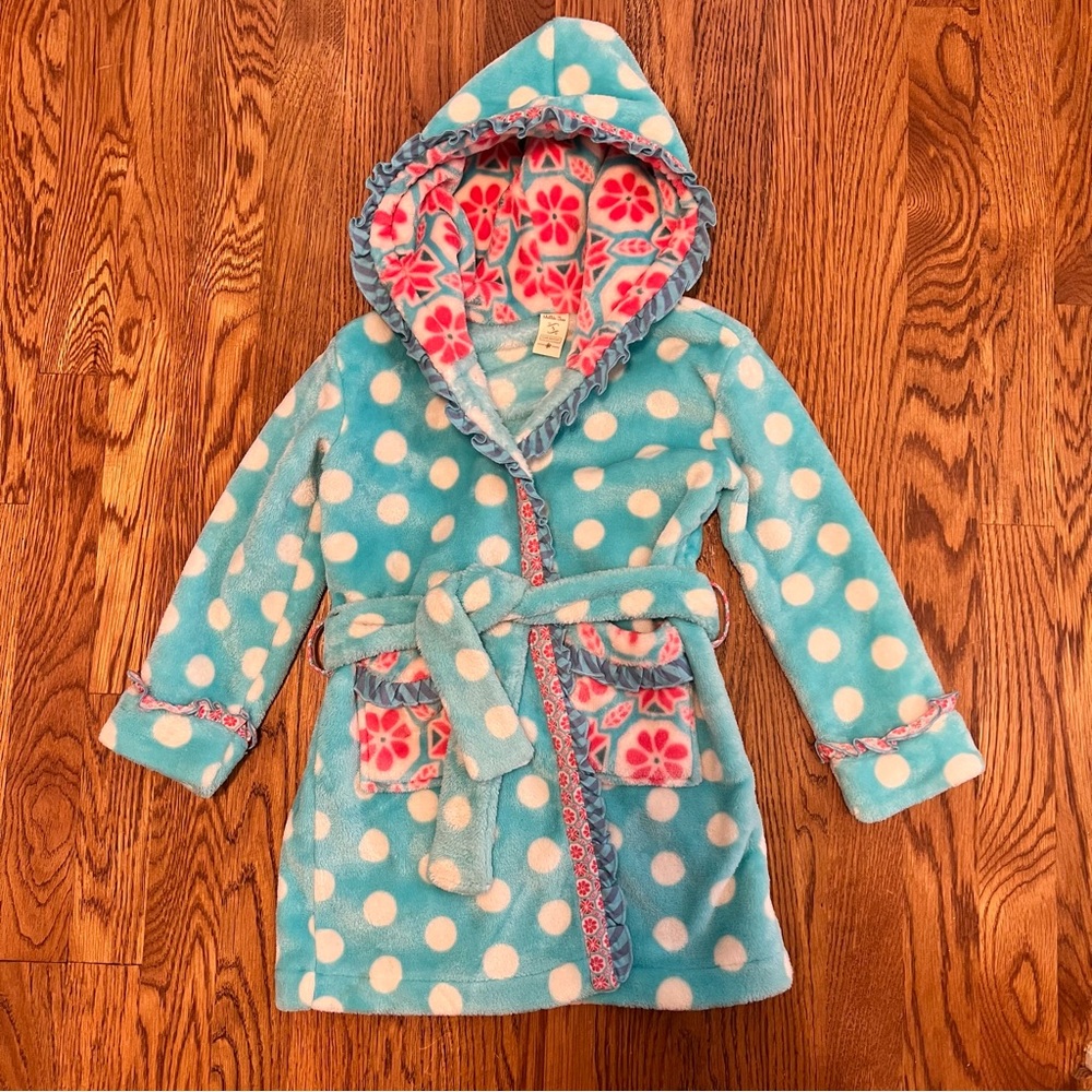Girls soft, comfy hooded belted robe. Aqua pink white. Pockets, long sleeves.